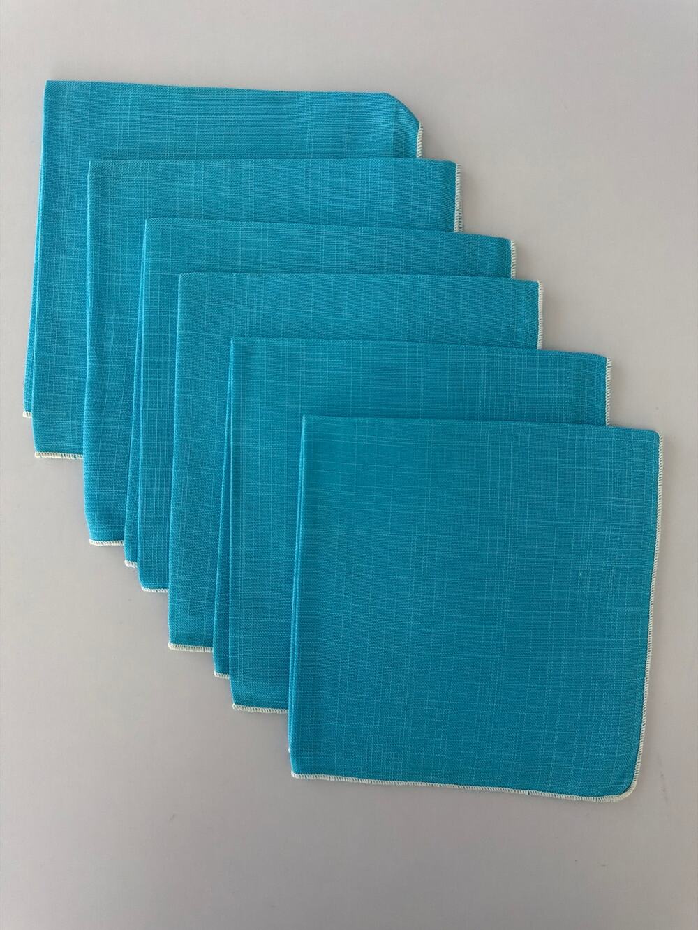 Vintage Mid Century Turquoise Linen Cloth Cocktail Napkins Set 6 Retro MCM Bar